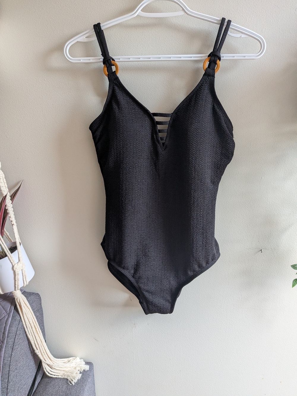 Krista Black Textured One-Piece Women's Swim Bodysuit with Ladder Front